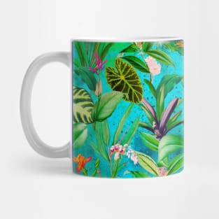 Stylish Tropical floral leaves and foliage botanical illustration, botanical pattern, tropical plants, aqua blue leaves pattern over a Mug